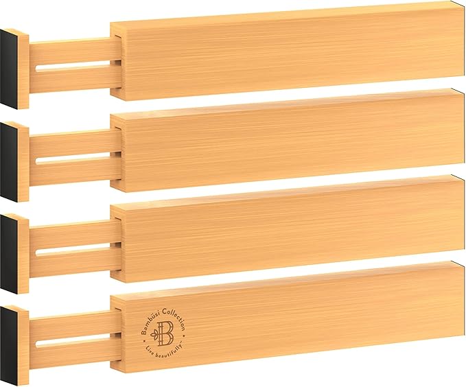 4-Pack Bamboo Drawer Dividers - 2.6 in High, Adjustable 16 to 22 in Expandable Drawer Organizers and Dresser Separators for Clothes, Bedroom, Bathroom, Kitchen, and Office Organization and Storage