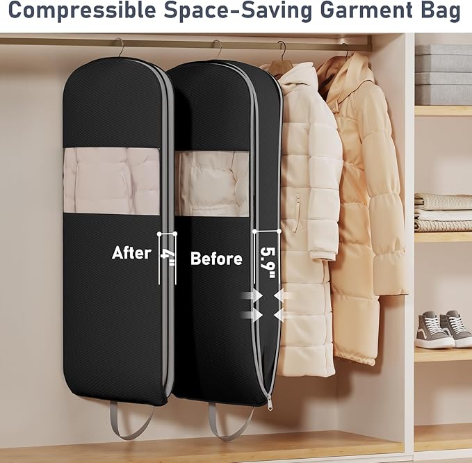 DIMJ 2 Pack 54" Space Saving Garment Bags for Hanging Clothes With Compression Zipper Carry Handles and Window, Washable Suit Bag for Dress, Clothes, Coats, Down Jacket, Closet, Moving, Travel