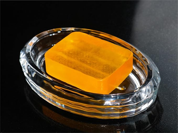 Glass Soap Dish for Bathroom Countertop, Shower, Kitchen Sink, Oval Heavy Bar Soap Holder with Raised Ridges, Transparent, 1 Pack