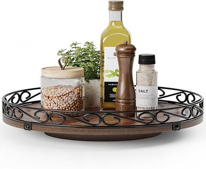 Yoobure 13" Lazy Susan Turntable for Cabinet - Farmhouse Wooden Round Tray for Table Top, 360° Rotating Lazy Susans Counter Organizer with Patterned Raised Edge for Kitchen Decor, Rustic Brown