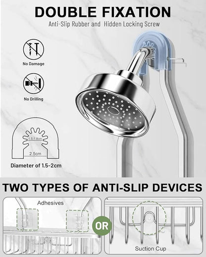 Shower Caddy Hanging - Never Rust Shower Hanging Organizer - Aluminum Over the ShowerHead Caddy with Soap Basket and 6 Hooks for Razor/Sponge (Frosted Silver)