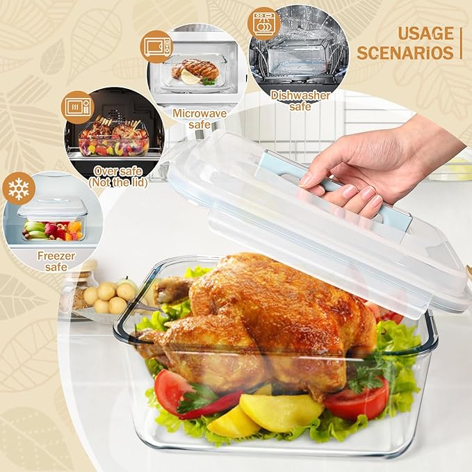 Large Glass Storage Containers with Lids 200oz/6000ml - Borosilicate Extra Large Glass Food Storage Containers for Rotisserie Chicken, Turkey - XL Big Glass Bowl Airtight Freezer to Oven Safe