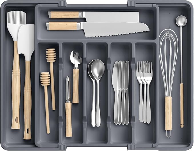 RoomHacks Large Silverware Organizer,Expandable Utensil Drawer Organizer,BPA Free Utensil Holder,Adjustable Silverware Tray Cutlery Drawer Organizer for Kitchen Flatware,Large,Grey (6-8 Slots)