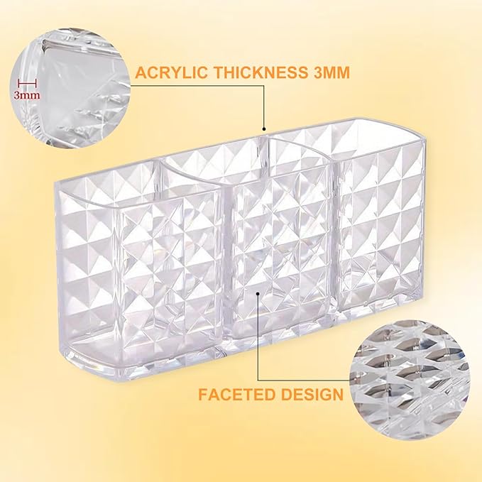 2 Pcs Acrylic Makeup Brush Holder,3 Compartment Cosmetic Organizer,Bathroom Vanity Countertop Storage for Brushes Beauty Tools Pencils Pens Bathroom Living Room