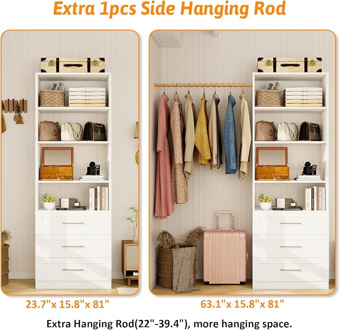 Closet System with 9 Drawers & 12 Shelves, Wood Closet Organizer System with 3 Extra Hanging Rod for Walk in Closet, Modular Closet Organizer System White(6FT)