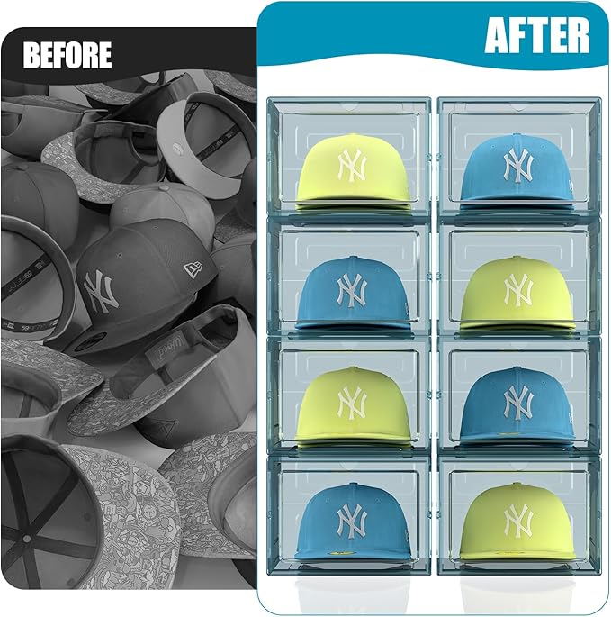 SCAVATA Hat Organizer Box, Stackable Clear Baseball Caps Holder Box Containers with Magnetic Door for Hats Snapback Cap Storag, Hat Rack Display Case, Holds 8 Hats Each (Blue, 2 Pack)