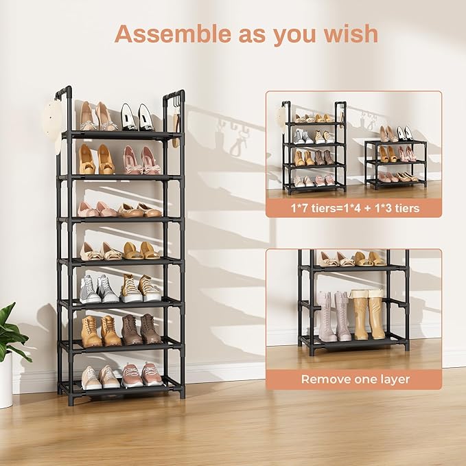 LANTEFUL 7 Tiers Shoe Rack 18-20 Pairs Boots Organizer Storage Sturdy Narrow Shoe Shelf for Entryway, Closets with Hooks, Black