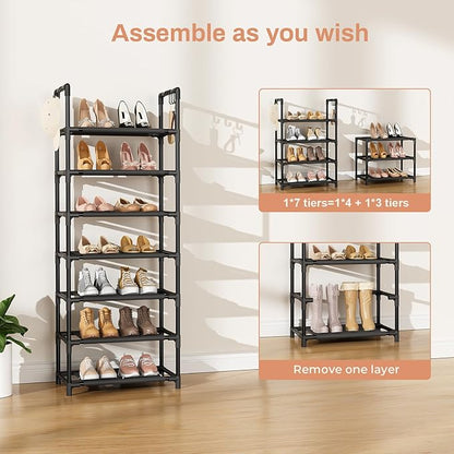 LANTEFUL 7 Tiers Shoe Rack 18-20 Pairs Boots Organizer Storage Sturdy Narrow Shoe Shelf for Entryway, Closets with Hooks, Black