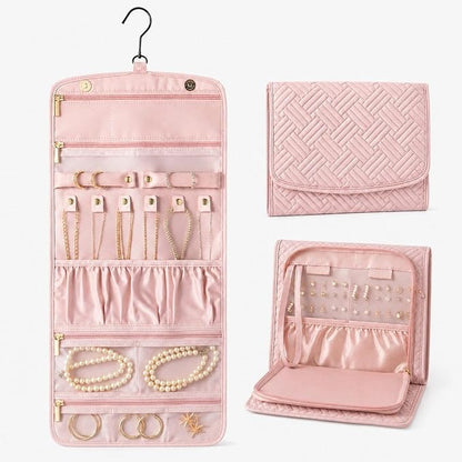 Jewelry Organizer with Hanger,Hanging Jewelry Organizer, Portable Travel Jewelry Bag,Foldable Storage for Earrings, Rings, and Watches; Can Be Hung on Wardrobes, Walls, or Doors, Pink