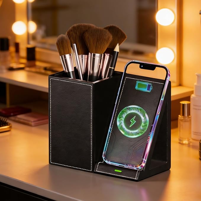LADSTAG Leather Makeup Brush Holder Organizer with Phone Charging Stand, Makeup Organizers Countertop, Makeup Organization and Skincare Storage for Vanity, Desktop, Bathroom