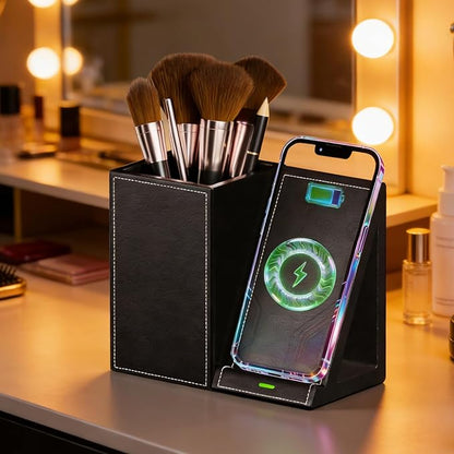 LADSTAG Leather Makeup Brush Holder Organizer with Phone Charging Stand, Makeup Organizers Countertop, Makeup Organization and Skincare Storage for Vanity, Desktop, Bathroom