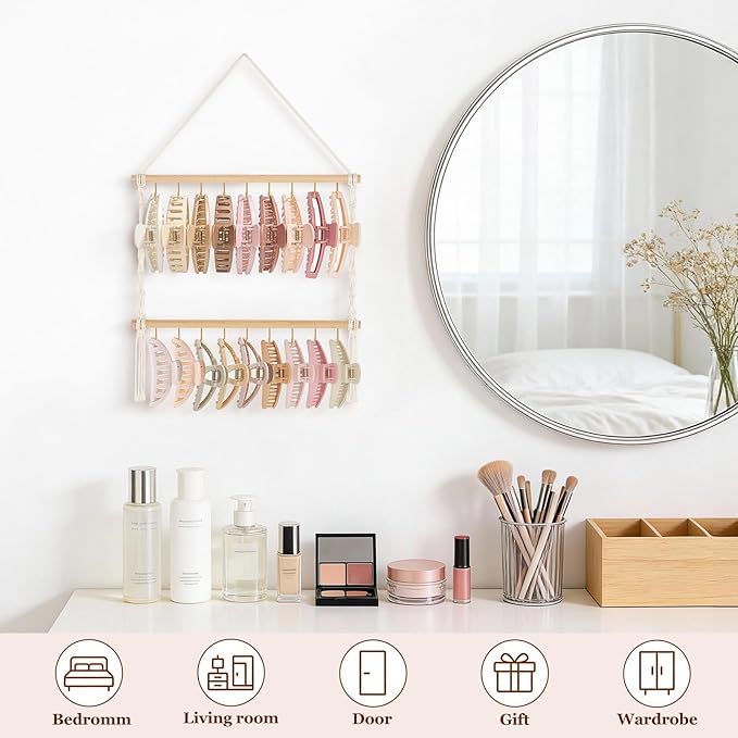 Dahey Macrame Claw Clip Organizer, Hanging Hair Claw Clip Holder Storage Hair Accessories for Women Girls Jewelry Hanger Display Wall Decor for Bedroom Door Closet