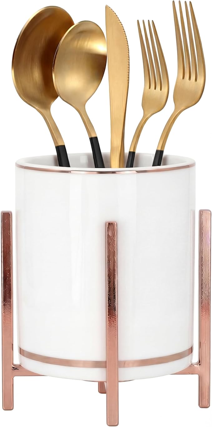 Ceramic Flatware Caddy, Silverware Caddy Cutlery Holder, Round Utensil Crock, Kitchen Utensil Holder for Countertop, Ceramic Cup wtih Rose Gold Trim and Rose Metal Bracket, 1 Pcs