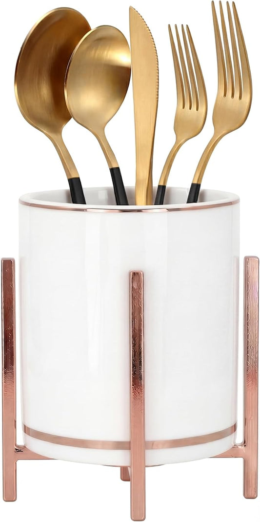 Ceramic Flatware Caddy, Silverware Caddy Cutlery Holder, Round Utensil Crock, Kitchen Utensil Holder for Countertop, Ceramic Cup wtih Rose Gold Trim and Rose Metal Bracket, 1 Pcs