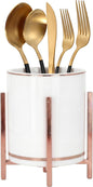 Ceramic Flatware Caddy, Silverware Caddy Cutlery Holder, Round Utensil Crock, Kitchen Utensil Holder for Countertop, Ceramic Cup wtih Rose Gold Trim and Rose Metal Bracket, 1 Pcs