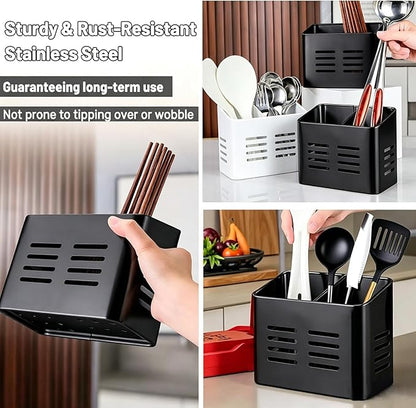 Kitchen Utensil Holder for countertop, 2 Compartment Caddy & Organizer for Drying Cooking Spoons Utility Sturdy Home Kitchen Daily Use Utensil Drainer (Black)