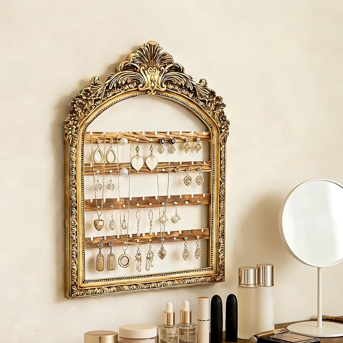 Wall Hanging Earring holder Organizers Vintage Arched Frame 13 x 9.3 Inch 4 Layer Vintage Gold Arched Frame Decorative Earring Organizer Display for Earring Bracelet Necklace Ring Birthday Wedding