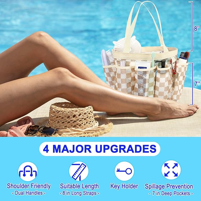 Fammart Mesh Shower Caddy Portable for College Dorm Room Essentials, Odorless Polyester Large Shower Tote Bag with Dual Handles, 8-Pocket Quick-Dry Toiletry Organizer for Travel, Beach, Camping, Gym