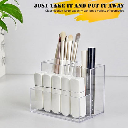 Cerpourt Clear Acrylic Makeup Brush Organizer,Multi-Purpose Cosmetic Brushes Storage Holder with 3 Slots,Pencil Pen Holder for Desk,Desk Organizer and Accessories for Vanity