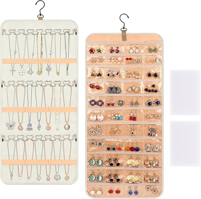 Hanging Jewelry Organizer Storage Roll with 48pcs Pocket Double Sided Rotating Hanger Necklace Hanging Wall Organizer with Hanger Hooks(COLOR:white)