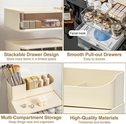 DASITON Makeup Organizer for Vanity with 2 Drawers, Stackable Cosmetic Organizer with Makeup Brush Holder, Plastic Bathroom Organizer Skincare Storage for Brushes, Eyeshadow, Lotions, Lipstick (Cream)