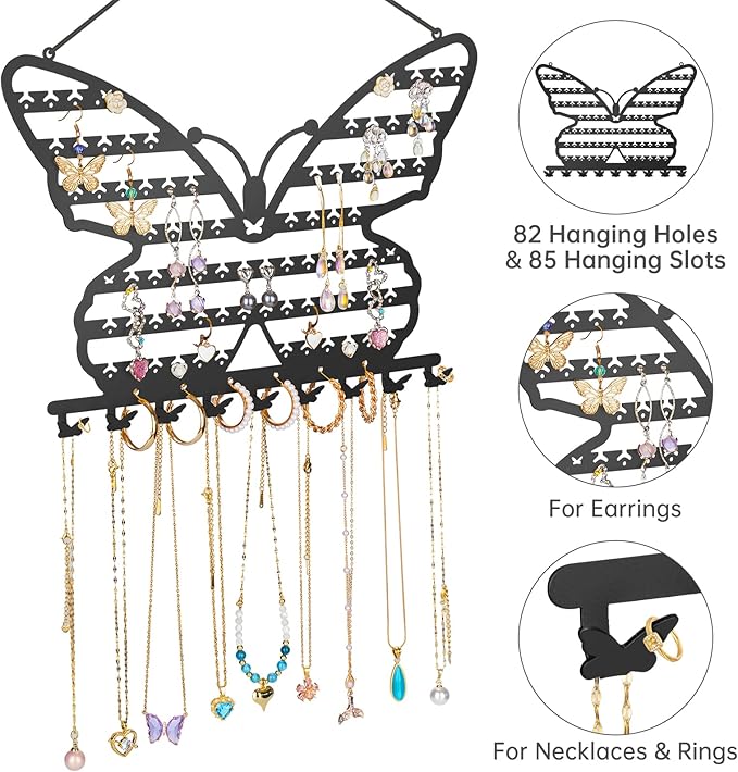 NiHome Butterfly Wall Mounted Jewelry Organizer, Decorative Metal Earring and Necklace Holder for Bedroom, Vanity, or Closet, Stylish Organizer with Easy Hanging for Fashion Lovers (Black)