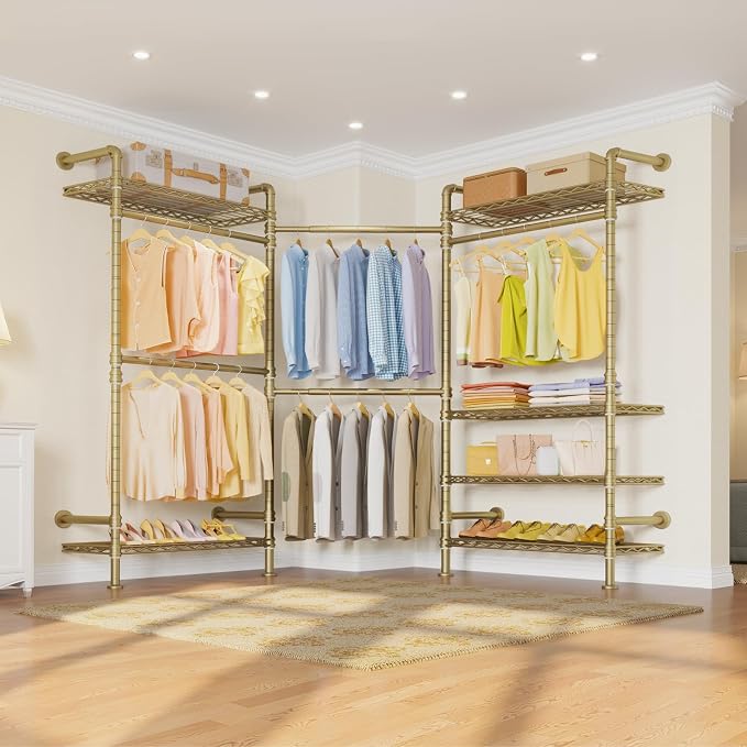 Timate L3 L Shape Gold Heavy Duty Clothes Rack, Industrial Pipe Wall Mounted, Adjustable 6 Shelves, 5 Closet Rods, Space Saving