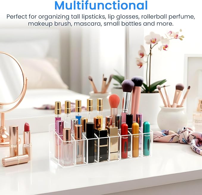 2 Pcs Rollerball Perfume Organizer, 24 Spaces Acrylic Perfume Storage Holder, Clear Beauty Scent Holder, Makeup Display Case Organizer for Lipstick Lip Glosses Brushes Perfumes Sample Mascara