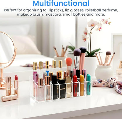 2 Pcs Rollerball Perfume Organizer, 24 Spaces Acrylic Perfume Storage Holder, Clear Beauty Scent Holder, Makeup Display Case Organizer for Lipstick Lip Glosses Brushes Perfumes Sample Mascara