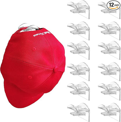 SUPERNIGHT 12 Pack Adhesive Hat Hooks for Wall, Hat Racks for Baseball Caps, Minimalist, No Drilling, Strong Hold Hat Hangers for Closet Door Wall (Transparent)