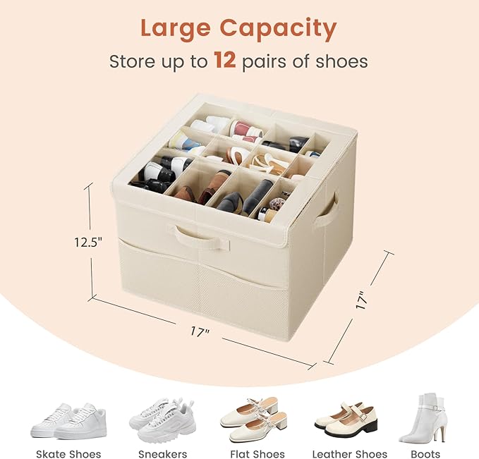 PHINOX Shoe Organizer for Closet, Fits 12-24 Pairs, Shoe Storage Bins with Clear Cover and Reinforced Handles, Foldable Shoe Storage Organizer, Space Saving Shoe Holder for Wardrobe, 2 Pack Beige