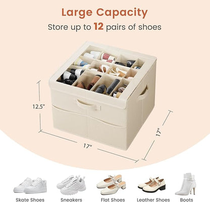 PHINOX Shoe Organizer for Closet, Fits 12-24 Pairs, Shoe Storage Bins with Clear Cover and Reinforced Handles, Foldable Shoe Storage Organizer, Space Saving Shoe Holder for Wardrobe, 2 Pack Beige