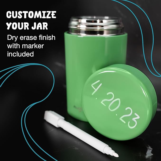 Nugbuddy Airtight Storage Container - Vacuum Sealed Insulated w Nested Glass Jar - UV Protection, Temperature Controlled Stainless - Stays Fresh - Whiteboard Finish w Marker Included - 300 ml (3/4 Oz)