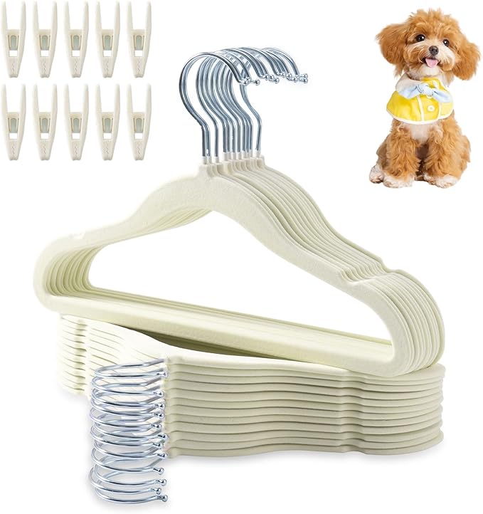 24 Pcs 360° Swivel Dog Clothes Hangers with 10 Non-Slip Clips, Flocked Fabric Non-Slip Plastic Dog Hangers for Clothes