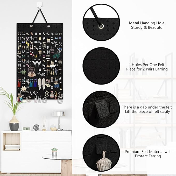 Earring Organizer Hanging Earring Holder, Holds Up To 330 Pairs, Soft Felt Wall Mount Earring Display Holder Stud Earrings Organizer for Women Girls - 1 Pack (Include Metal Hook and Rope)