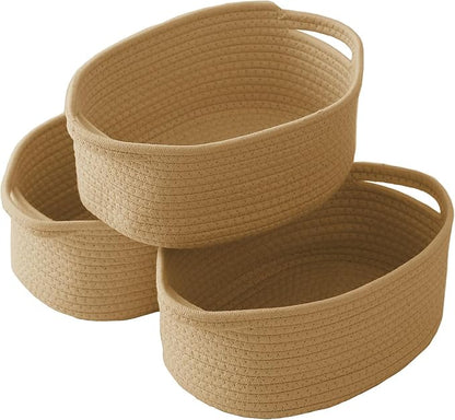 JMvicyroam Woven Basket,Small Rope Storage Bin with Handles & Ribbon Bag, Organizer for Shelves Closets,Gift Basket Empty for Birthday,Books,Dog Toys, Jute/3 Pack