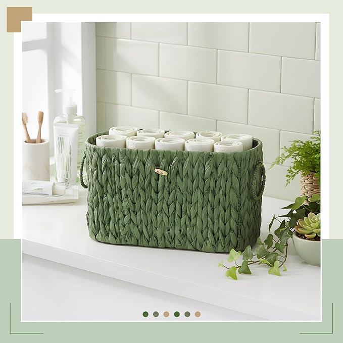 Kathfly Sage Green Toilet Paper Storage Basket with Lid Wicker Woven Bathroom Basket Toilet Paper Holder Holds up to 6 Mega Rolls Woven Organizer for Home Bathroom Kitchen Offices
