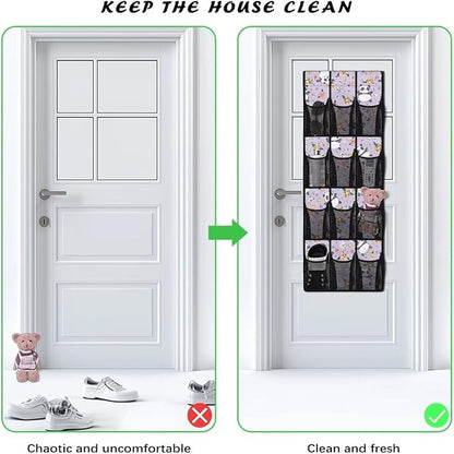 Cute Panda Shoe Organizer Over The Door 12 Pockets Wall Hanging Storage for Closet Space Saving Over The Door Shoe Organizer Flowers Shoe Holder Hanger for Living Room