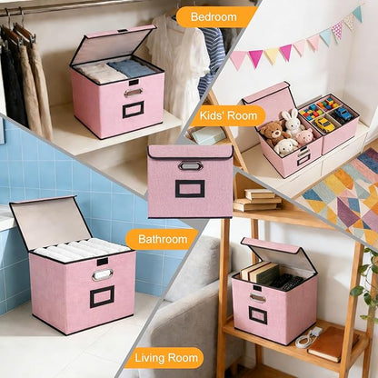 Large Square Storage Bin with Lid, Foldable Organizer Box with Handles & Label Design, for Office, Closet, Home, Documents, Pink, 12.20 x 10.63 x 10.63 Inches, 4 Pack