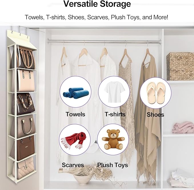 Lirex Over The Door Purse Organizer & Purse Shelf for Closet – Handbag Storage Organizer with Purse Hanger. Perfect for Scarves, Hats, and Leggings. L (15.7'' x 5.7'' x 68''), Cream White