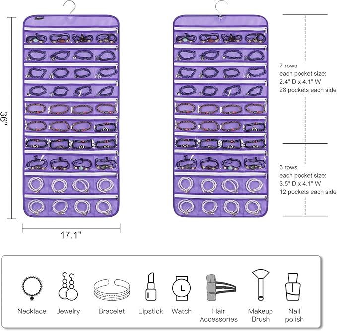 80 Zippered Pockets Hanging Jewelry Organizer for Holding Jewelries Dual-Sided Accessory Display Holder for Earrings Bracelets Rings (80 Zippered Pockets-Purple)