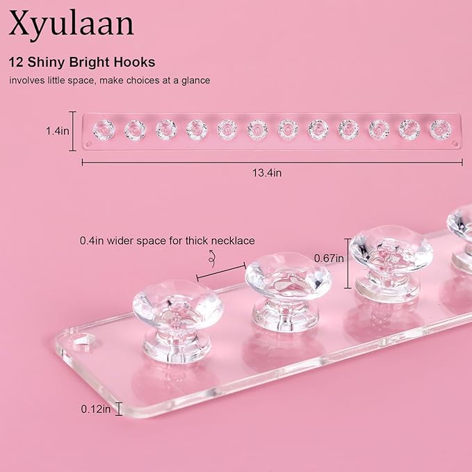 2Pcs Wall Necklace Holder for Women, Hanging Jewelry Organizer Wall Mount Crystal Holder Necklace Wall Hanger, Acrylic Bracelet Holder Organizer Jewelry Rack Adhesive Hooks Necklace Storage