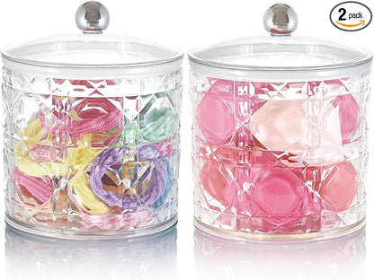 2-Pack Scrunchies Holder, 20oz Qtip Holder, Plastic Bathroom Canisters, Elegant Vanity Storage Containers for Hair Accessories & Beauty Supplies