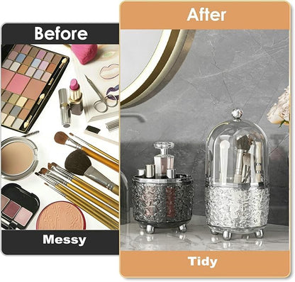 CHIRISEN 360 Rotating Makeup Brush Holder with Lid Dustproof Spinning Brush Storage for Bathroom Countertop, Cosmetic Tools Organizer with Cover for Vanity (Clear)