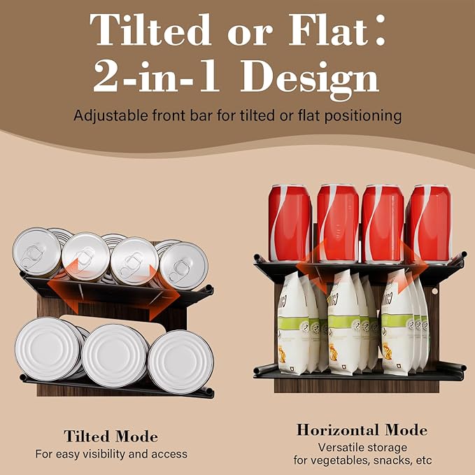 Stackable 2-Tier Can Organizer for Pantry, Space-Saving Pantry Organizer Holds up to 64 Canned Goods, Sturdy Black Shelf for Soup & Food Storage