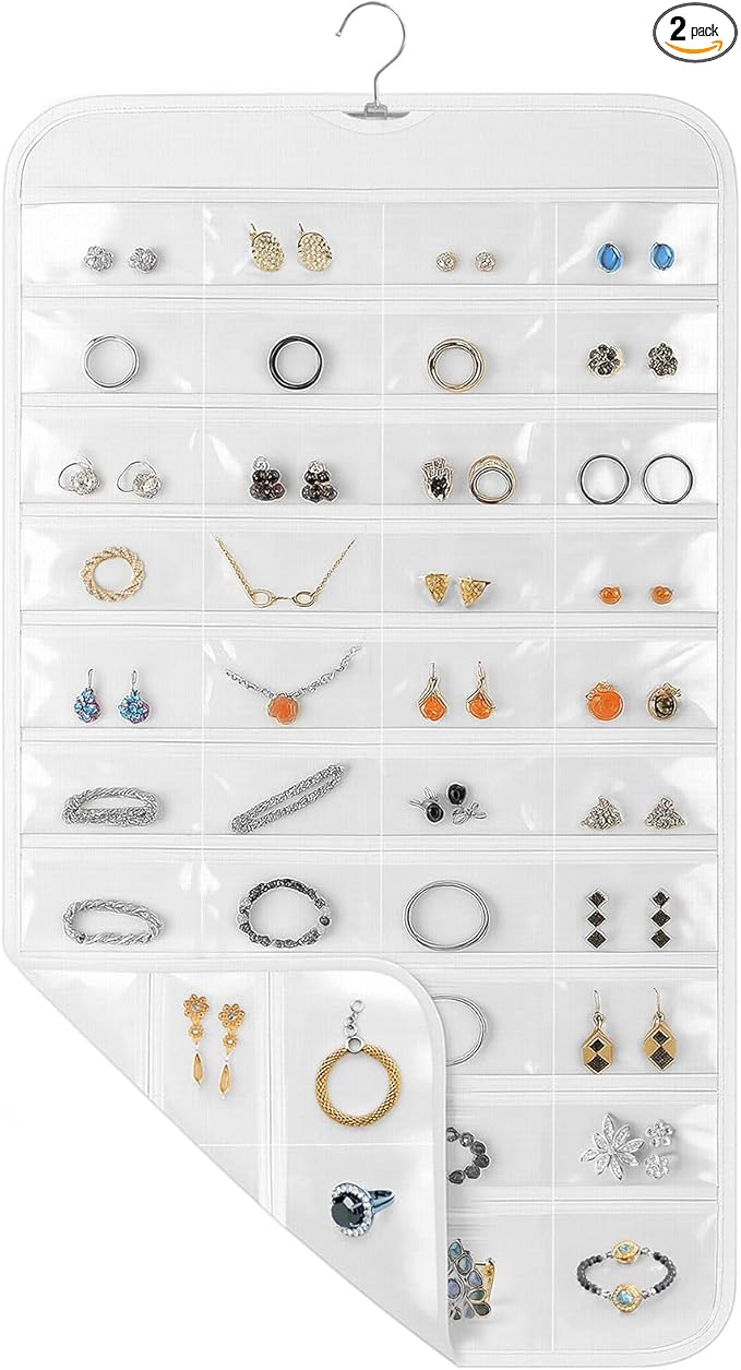 2 Pack Hanging Jewelry Organizer, 80 Clear Pockets earring organizer and storage, Accessories holder organizer for Closet, Jewelries, Necklace, Travel