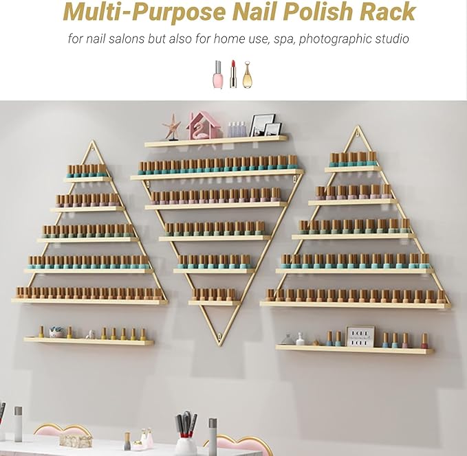 Metal Wall-Mounted Nail Polish Organizer Display Rack Cosmetic Display Case for Small Space, Vanity Bathroom (Gold)