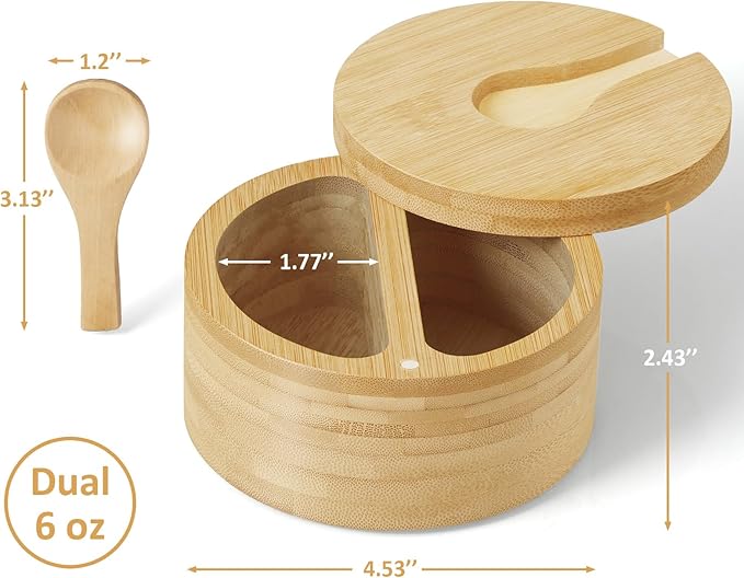 OUTNILI 2-Compartment Salt Box with Lid and Spoon, Bamboo Salt Cellar with Swivel Lid, Salt and Pepper Bowls for Salt & Spices, Dual 6 oz Salt Container