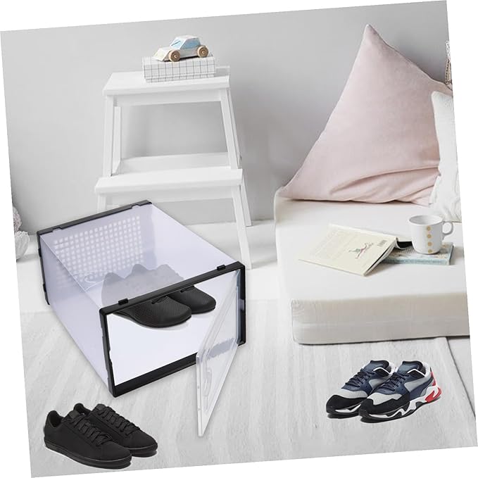 2 Pcs Stackable Shoe Storage Boxes Thickened Plastic Shoe Organizer Containers with Drawer Design Space-saving for Sneakers and Boots Black