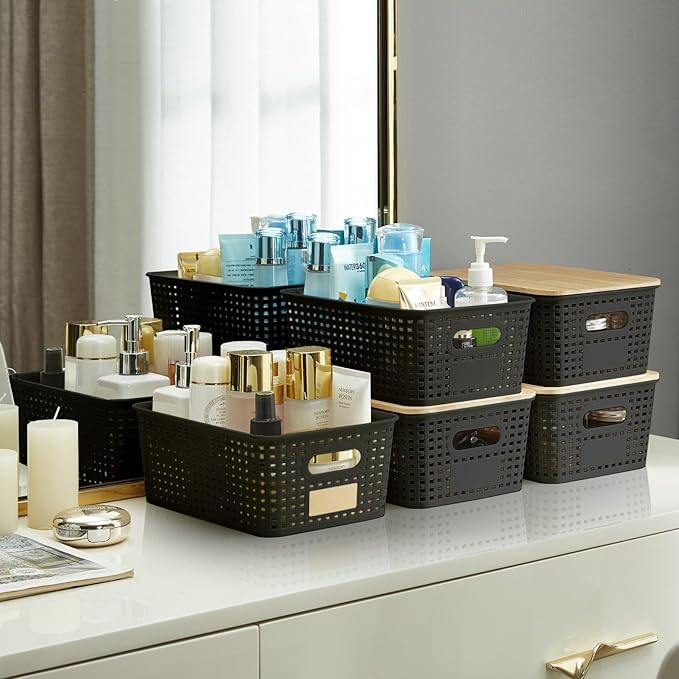 Bagnizer Small Plastic Storage Bins with Bamboo Lids 5.2qt Stackable Box Basket Pantry Decorative Containers Cute with Lable for Organizing Desktop Closet Office Black of 6 packs 10 * 7.2 * 4.1"